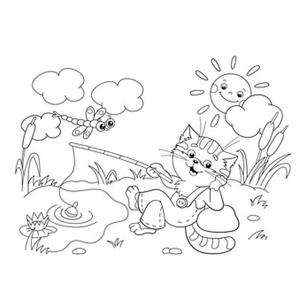Coloring book kitten catches fish in summer